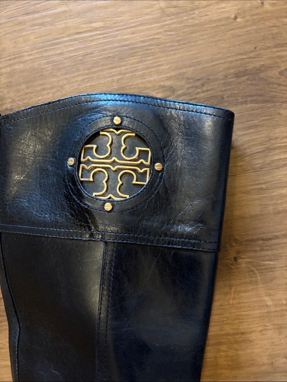 Tory Burch Black Leather Knee-High Riding Boots with Gold Logo - Picture 3 of 10